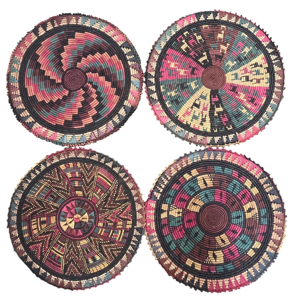 Vtg‎ African Coiled Flat Baskets  4 Mismatched Geometric Boho Trays Placemats